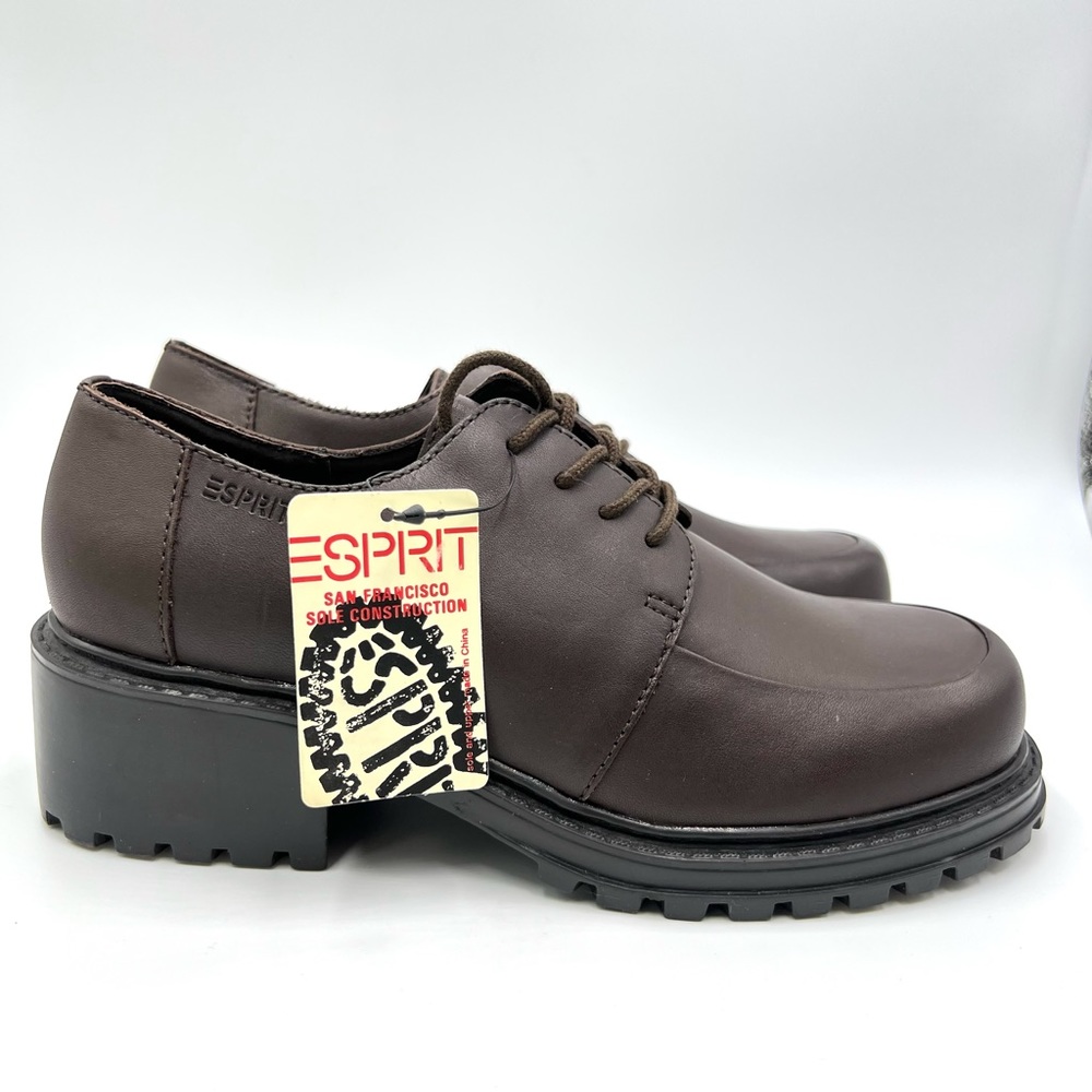 Vintage Esprit Size 9.5 Brown‎ Leather Chunky Y2K Block Heel Lug Loafers Shoes